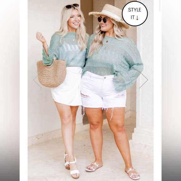 🆕 Sage Scalloped Hem Open Knit Crochet Sweater - Picture 10 of 14